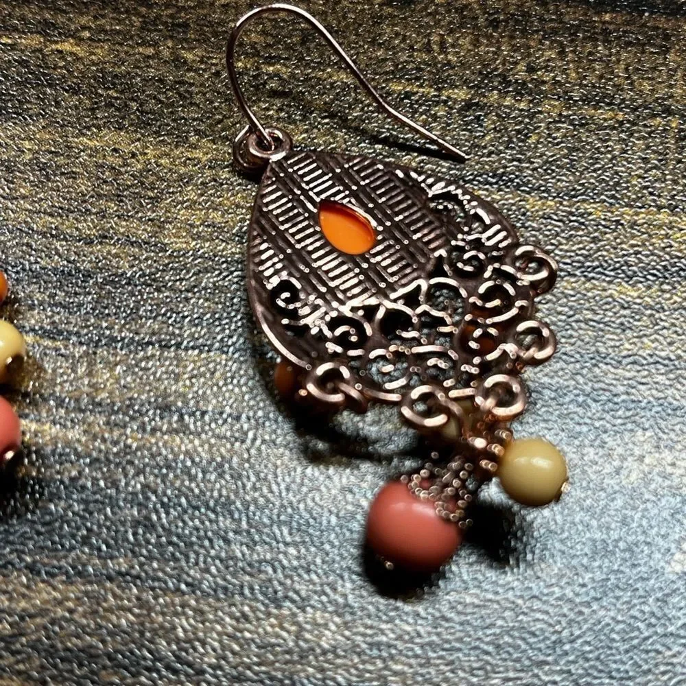 Zinc Alloy Vintage Bead Tassel Drop Earrings fall vibes autumn colors‎